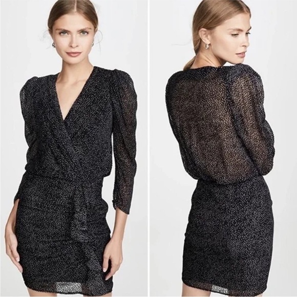 ba&sh Celia Velvet Dot 3/4-Sleeve Ruffle Cocktail Dress in Black Size M - Picture 1 of 14